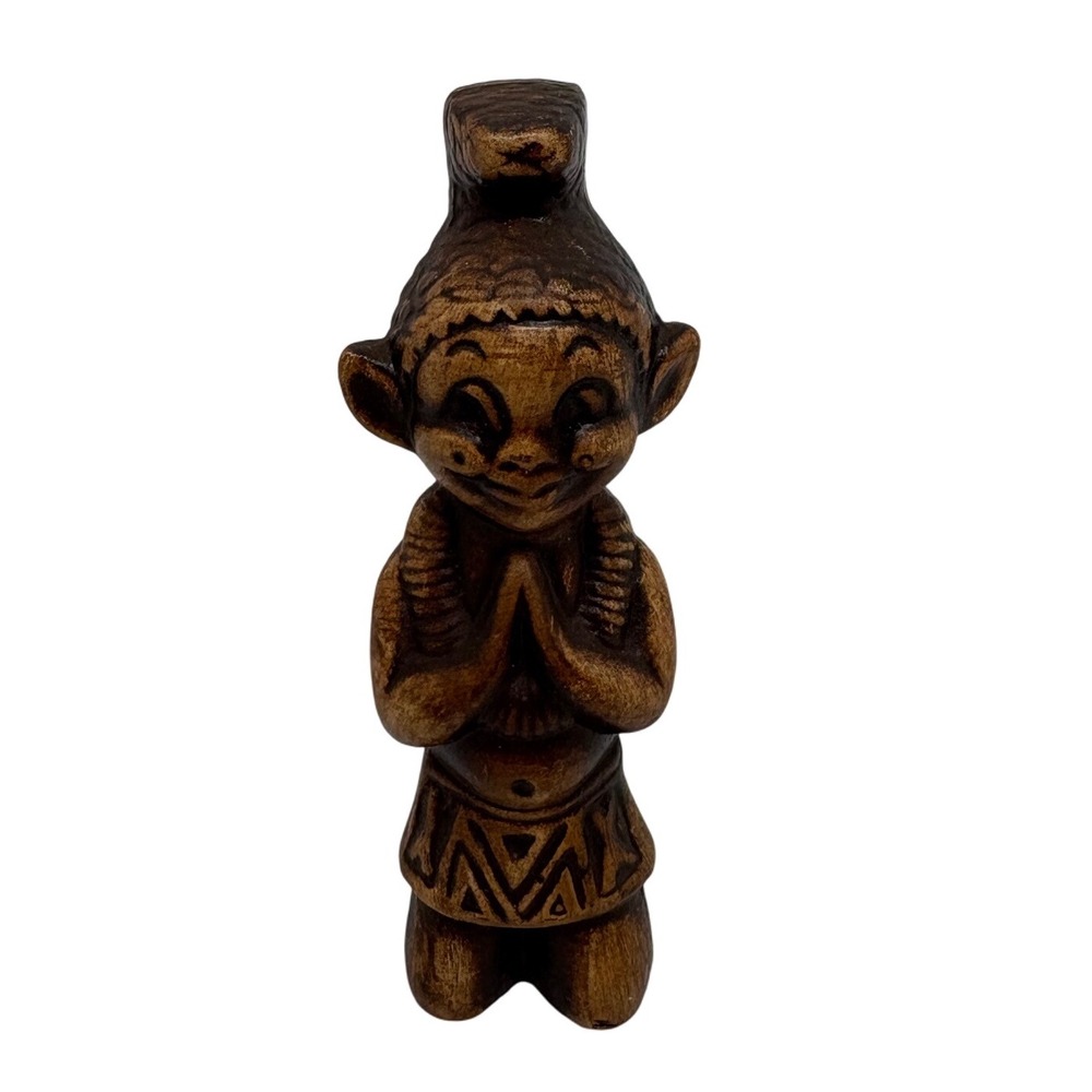 Vintage Tiki God Statue Figurine Praying Brown Tropical‎ Decor Ceramic 4" Tall